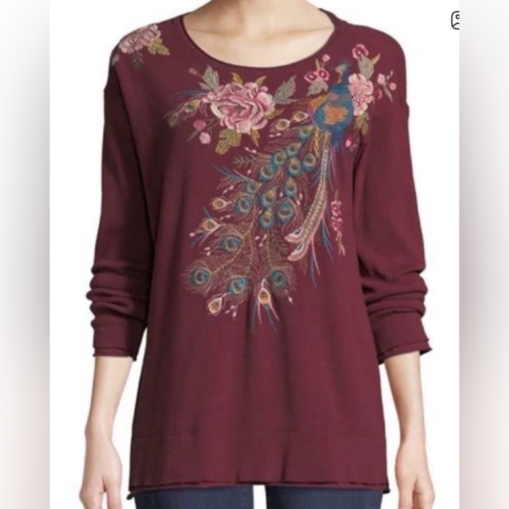 JOHHNY WAS Thermal Top S QUITO Embroidered Peacock Maroon Long Sleeve Waffle
